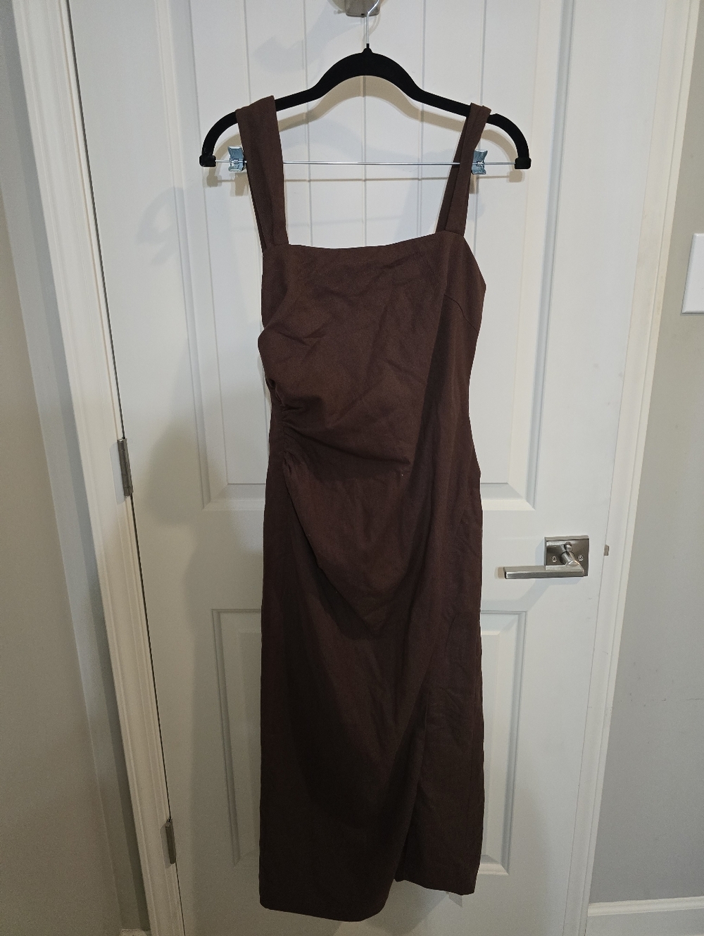 NWT Commense Chocolate Brown Square-Neck Midi Dress Slit Cotton & Linen Slit S - Picture 7 of 10